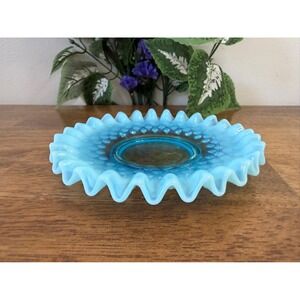 Fenton‎ Blue Opalescent Hobnail Crimped Edge Plate Vintage Mid Century Glass